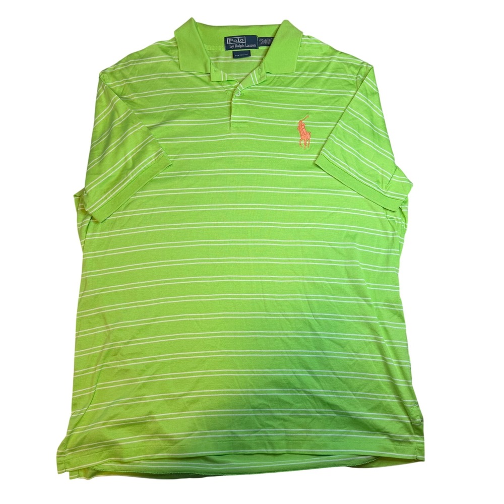 Polo Ralph Lauren Mens Green Striped Big Pony Orange Pima Cotton Polo Shirt L - Picture 2 of 6